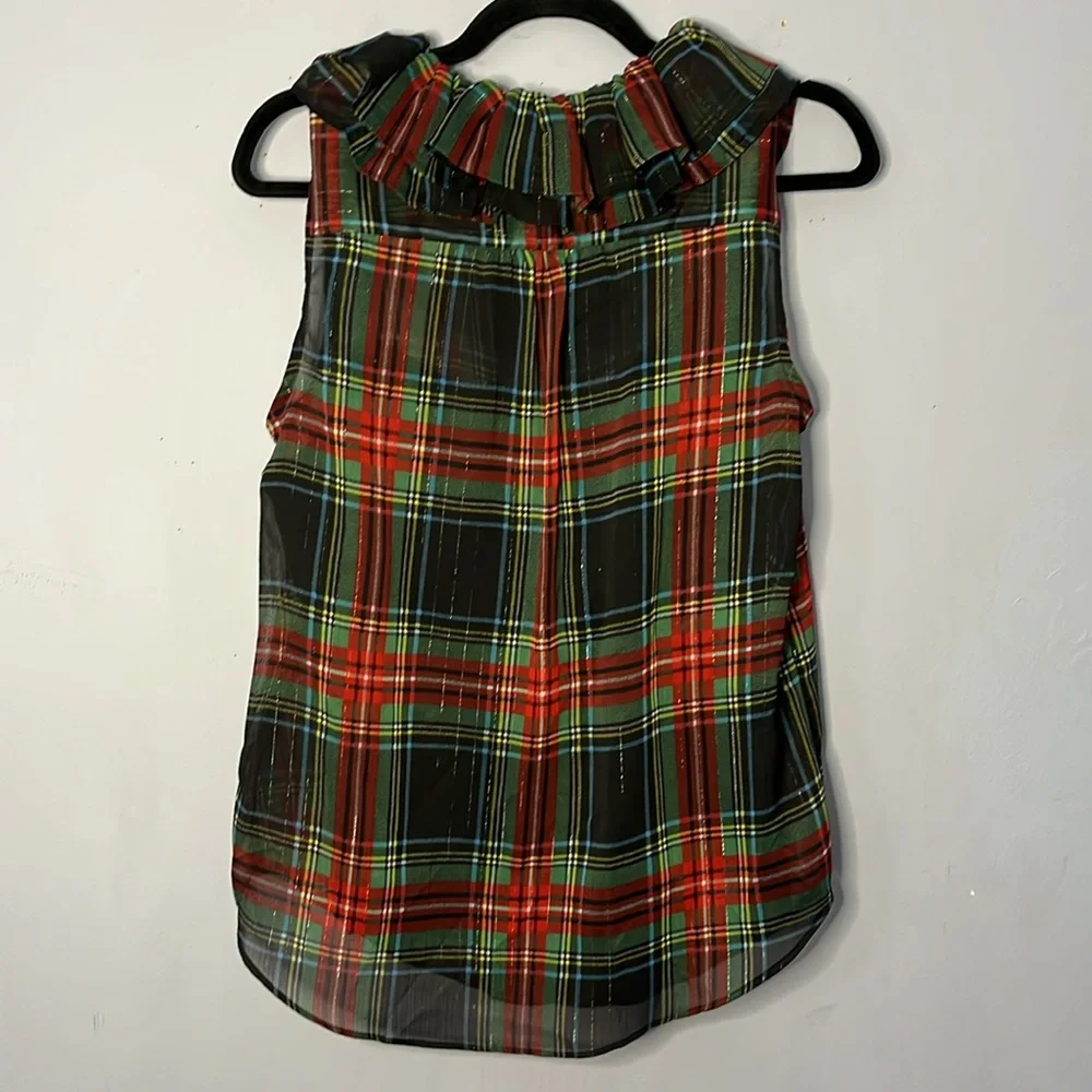 Sheer Sleeveless Plaid J. Crew Ruffle Blouse with Built In Cami Slip Top - Picture 8 of 11